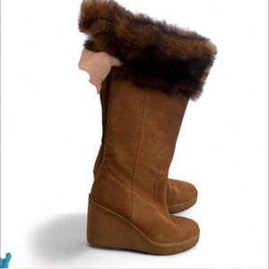 Y2K Ugg Glam Fur Lined Suede Platform Wedge Knee High Boots